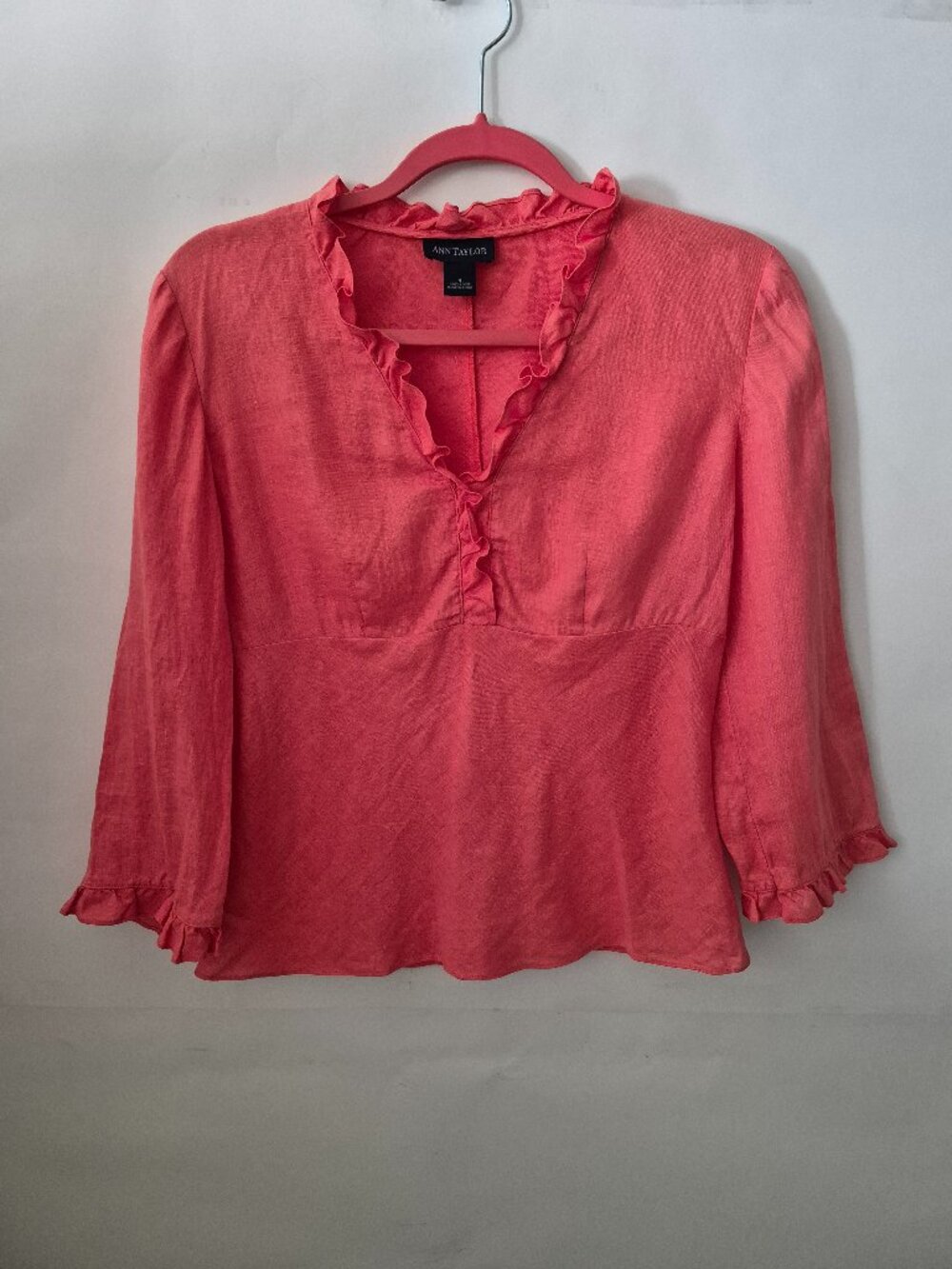 Ann Taylor Womens 4 Coral Orange Linen 3/4 Sleeve Fitted Ruffle V-Neck Blouse
